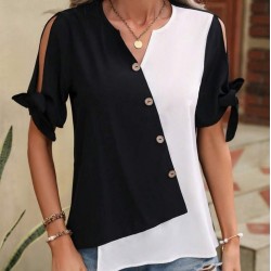 Kadın Kısa Kollu Kollardan Bağlamalı önden Asimetrik Kesim çift Renk Detaylı Düğmeli Ithal Krep Bluz , 24754