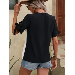 Kadın Kısa Kollu Kollardan Bağlamalı önden Asimetrik Kesim çift Renk Detaylı Düğmeli Ithal Krep Bluz , 24754