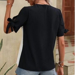 Kadın Kısa Kollu Kollardan Bağlamalı önden Asimetrik Kesim çift Renk Detaylı Düğmeli Ithal Krep Bluz , 24754