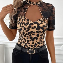 Kadın Kısa Kollu Yarı Balıkçı Dantel Yaka Göğüs Dekolteli Leopar Desenli Dalgıç Bluz , 24774