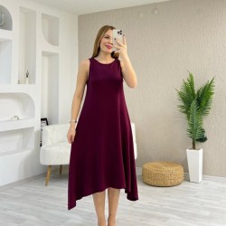 Kadın Askılı Yuvarlak Yakalı Asimetrik Kesim Detaylı Viskon Elbise , 24793