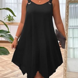 Kadın Askılı Yuvarlak Yaka Kuş Gözü Detaylı Asimetrik Viskon Elbise , 24794