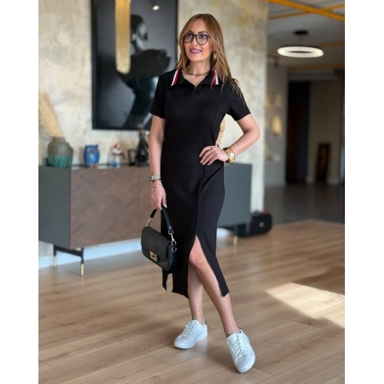 Kadın Kısa Kollu Yakalı Yırtmaçlı Midi Viskon Iki Iplik Elbise , 24804