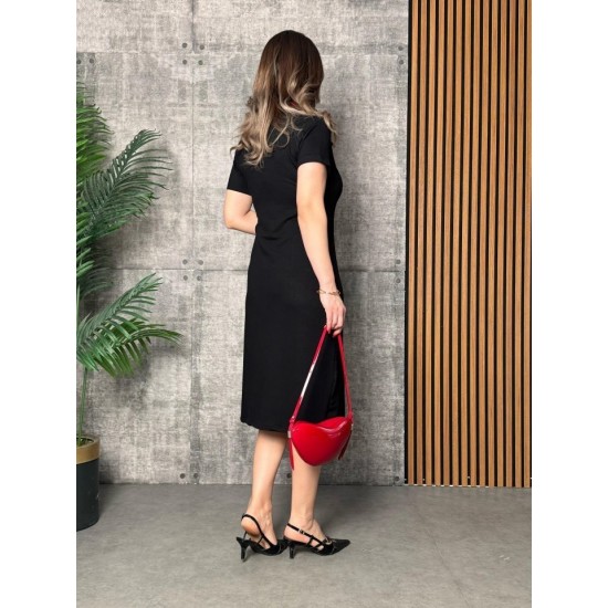 Kadın Kısa Kollu Yakalı Yırtmaçlı Midi Viskon Iki Iplik Elbise , 24804