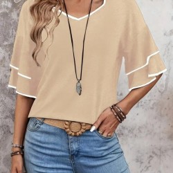 Kadın Kısa Kollu V Yakalı Viskon Bluz, 24841