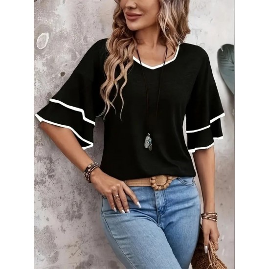 Kadın Kısa Kollu V Yakalı Viskon Bluz, 24839