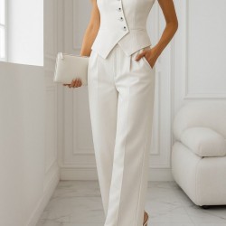 Kadın Sıfır Kollu çapraz V Yakalı önden Düğmeli Atlas Yelek Ve Pantolon Ikili Takım, 24880