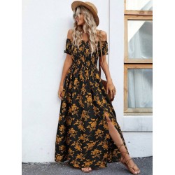 Kadın Kısa Kollu Madonna Yaka Yırtmaçlı çiçek Desenli Süprem Elbise , 24894