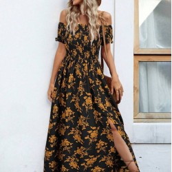 Kadın Kısa Kollu Madonna Yaka Yırtmaçlı çiçek Desenli Süprem Elbise , 24894