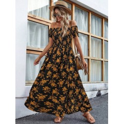 Kadın Kısa Kollu Madonna Yaka Yırtmaçlı çiçek Desenli Süprem Elbise , 24894