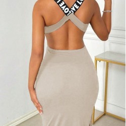 Kadın Yuvarlak Yaka Sırttan çapraz şerit Love Detaylı Yırtmaçlı Viskon Elbise , 24912