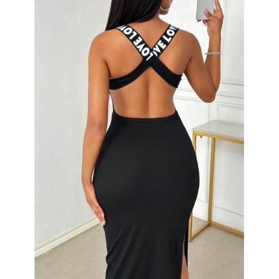 Kadın Yuvarlak Yaka Sırttan çapraz şerit Love Detaylı Yırtmaçlı Viskon Elbise , 24910 Kadın Yuvarlak Yaka Sırttan çapraz şerit Love Detaylı Yırtmaçlı Viskon Elbise , 24910