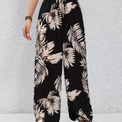 Kadın Yüksek Bel Bağcıklı Yaprak Desenli Süprem Pantolon , 24921 Kadın Yüksek Bel Bağcıklı Yaprak Desenli Süprem Pantolon , 24921