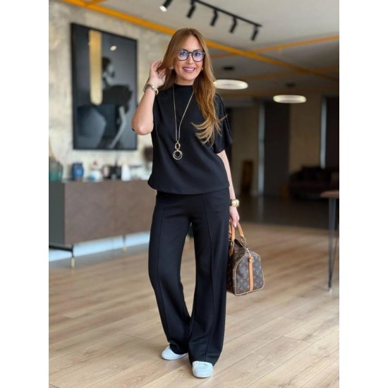 Kadın Kısa Kollu Bisiklet Yaka Omuzdan Düğmeli Viskon Iki Iplik Kısa Bluz Ve Pantolon Ikili Takım , 24964