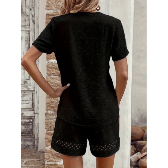 Kadın Kısa Kollu V Yakalı Dantel Detaylı Bürümcük Bluz Ve Short Ikili Takım , 25002 Kadın Kısa Kollu V Yakalı Dantel Detaylı Bürümcük Bluz Ve Short Ikili Takım , 25002