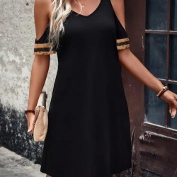 Kadın Askılı V Yakalı Omuzlardan Açık Kısa Viskon Elbise , 25010