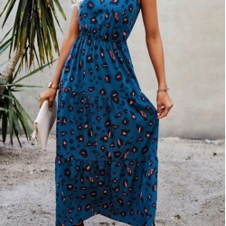 Kadın Kolsuz Bisiklet Yaka Beli Lastikli Desenli Süprem Elbise , 25087