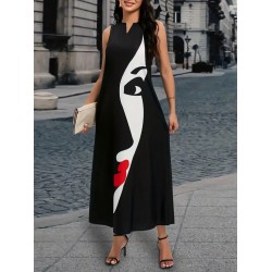 Kadın Sıfır Kol V Yakalı Kadın Yüz Desenli Süprem Elbise , 25095