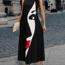 Kadın Sıfır Kol V Yakalı Kadın Yüz Desenli Süprem Elbise , 25095