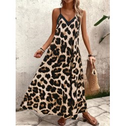 Kadın Ip Askılı Geniş V Yakalı Leopar Desenli Süprem Elbise , 25152