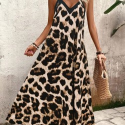 Kadın Ip Askılı Geniş V Yakalı Leopar Desenli Süprem Elbise , 25152