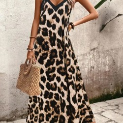 Kadın Ip Askılı Geniş V Yakalı Leopar Desenli Süprem Elbise , 25152 Kadın Ip Askılı Geniş V Yakalı Leopar Desenli Süprem Elbise , 25152