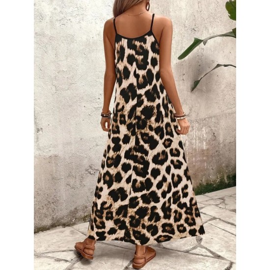 Kadın Ip Askılı Geniş V Yakalı Leopar Desenli Süprem Elbise , 25152