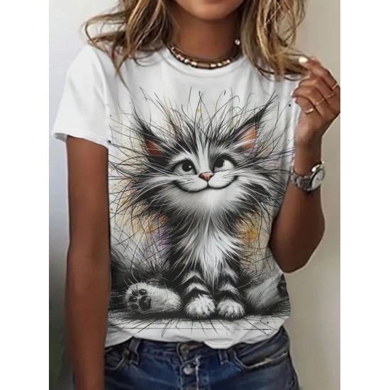 Kadın Kısa Kollu Bisiklet Yaka Kedi Baskılı Süprem Bluz, 25172 Kadın Kısa Kollu Bisiklet Yaka Kedi Baskılı Süprem Bluz, 25172