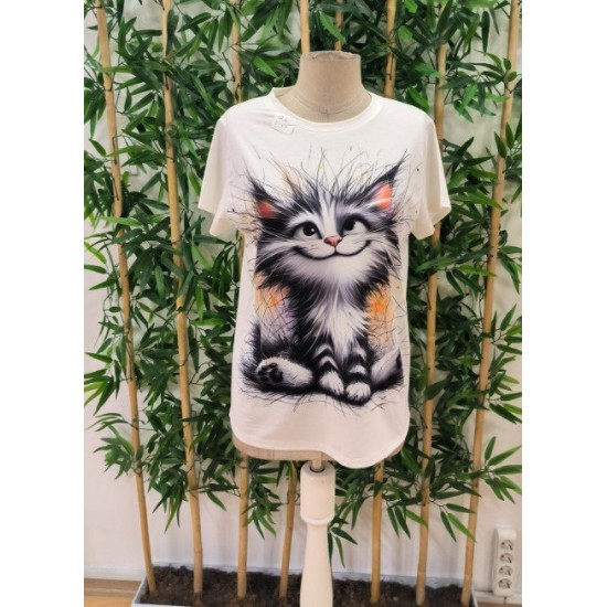 Kadın Kısa Kollu Bisiklet Yaka Kedi Baskılı Süprem Bluz, 25172 Kadın Kısa Kollu Bisiklet Yaka Kedi Baskılı Süprem Bluz, 25172