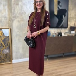 Kadın Kısa Kollu Bisiklet Yaka Omuzdan Düğmeli Uzun Viskon Iki Iplik Elbise, 25223