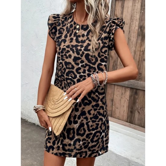 Kadın Kısa Kollu Fırfır Detay Arkadan Bağlamalı Leopar Desen Süprem Elbise , 25217 Kadın Kısa Kollu Fırfır Detay Arkadan Bağlamalı Leopar Desen Süprem Elbise , 25217