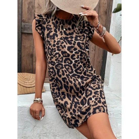Kadın Kısa Kollu Fırfır Detay Arkadan Bağlamalı Leopar Desen Süprem Elbise , 25217 Kadın Kısa Kollu Fırfır Detay Arkadan Bağlamalı Leopar Desen Süprem Elbise , 25217