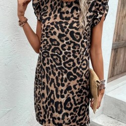 Kadın Kısa Kollu Fırfır Detay Arkadan Bağlamalı Leopar Desen Süprem Elbise , 25217 Kadın Kısa Kollu Fırfır Detay Arkadan Bağlamalı Leopar Desen Süprem Elbise , 25217