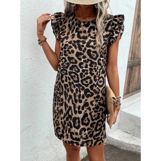 Kadın Kısa Kollu Fırfır Detay Arkadan Bağlamalı Leopar Desen Süprem Elbise , 25217 Kadın Kısa Kollu Fırfır Detay Arkadan Bağlamalı Leopar Desen Süprem Elbise , 25217