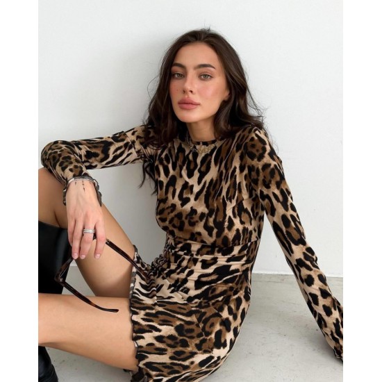 Kadın Uzun Kollu Sırtı Açık Bağlamalı Leopar Desenli Kısa Dalgıç Elbise, 20583