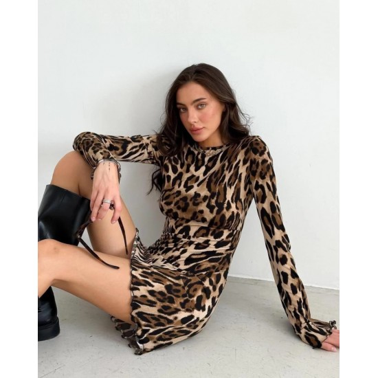 Kadın Uzun Kollu Sırtı Açık Bağlamalı Leopar Desenli Kısa Dalgıç Elbise, 20583