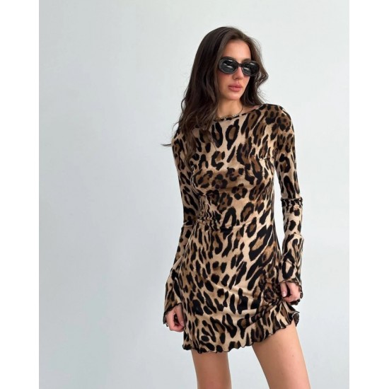 Kadın Uzun Kollu Sırtı Açık Bağlamalı Leopar Desenli Kısa Dalgıç Elbise, 20583