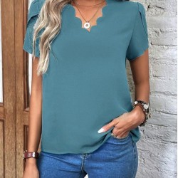 Kadın Kısa Kollu Lazer V Yakalı Ithal Krep Bluz, 25304