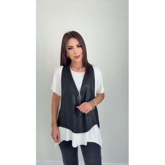 Kadın Kısa Kollu Yuvarlak Yaka Viskon Bluz + Kolsuz Fermuarlı çatlak Deri Yelek, 25349 Kadın Kısa Kollu Yuvarlak Yaka Viskon Bluz + Kolsuz Fermuarlı çatlak Deri Yelek, 25349