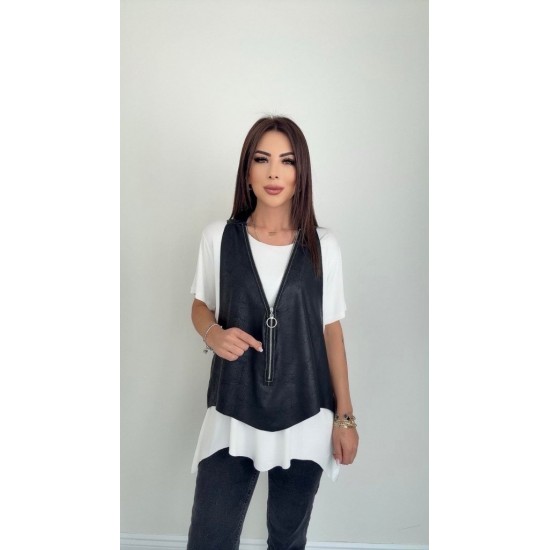 Kadın Kısa Kollu Yuvarlak Yaka Viskon Bluz + Kolsuz Fermuarlı çatlak Deri Yelek, 25349 Kadın Kısa Kollu Yuvarlak Yaka Viskon Bluz + Kolsuz Fermuarlı çatlak Deri Yelek, 25349