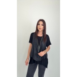 Kadın Kısa Kollu Yuvarlak Yaka Viskon Bluz + Kolsuz Fermuarlı çatlak Deri Yelek, 25347 Kadın Kısa Kollu Yuvarlak Yaka Viskon Bluz + Kolsuz Fermuarlı çatlak Deri Yelek, 25347