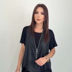 Kadın Kısa Kollu Yuvarlak Yaka Viskon Bluz + Kolsuz Fermuarlı çatlak Deri Yelek, 25347 Kadın Kısa Kollu Yuvarlak Yaka Viskon Bluz + Kolsuz Fermuarlı çatlak Deri Yelek, 25347