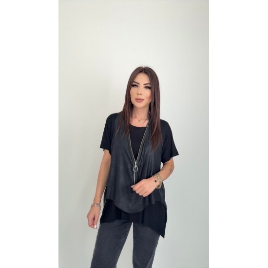 Kadın Kısa Kollu Yuvarlak Yaka Viskon Bluz + Kolsuz Fermuarlı çatlak Deri Yelek, 25347 Kadın Kısa Kollu Yuvarlak Yaka Viskon Bluz + Kolsuz Fermuarlı çatlak Deri Yelek, 25347