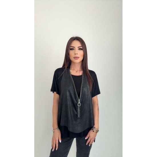 Kadın Kısa Kollu Yuvarlak Yaka Viskon Bluz + Kolsuz Fermuarlı çatlak Deri Yelek, 25347 Kadın Kısa Kollu Yuvarlak Yaka Viskon Bluz + Kolsuz Fermuarlı çatlak Deri Yelek, 25347
