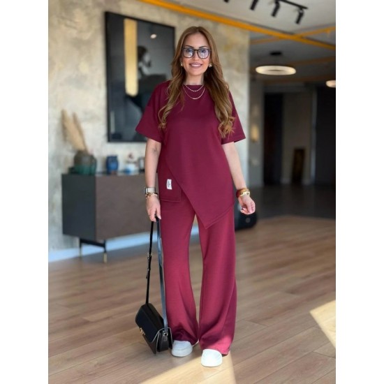 Kadın Kısa Kollu Bisiklet Yaka Asimetrik Viskon Iki Iplik Bluz Ve Pantolon Ikili Takım , 25378 Kadın Kısa Kollu Bisiklet Yaka Asimetrik Viskon Iki Iplik Bluz Ve Pantolon Ikili Takım , 25378