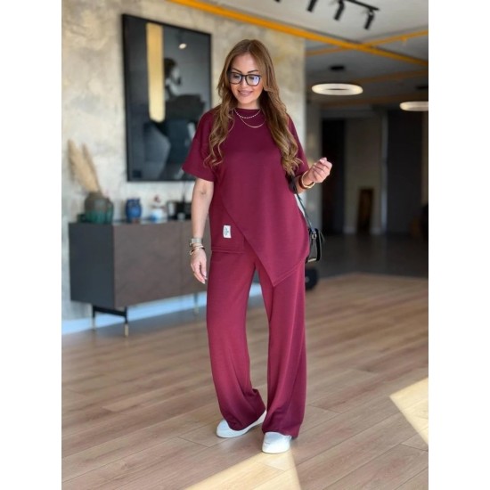 Kadın Kısa Kollu Bisiklet Yaka Asimetrik Viskon Iki Iplik Bluz Ve Pantolon Ikili Takım , 25378 Kadın Kısa Kollu Bisiklet Yaka Asimetrik Viskon Iki Iplik Bluz Ve Pantolon Ikili Takım , 25378