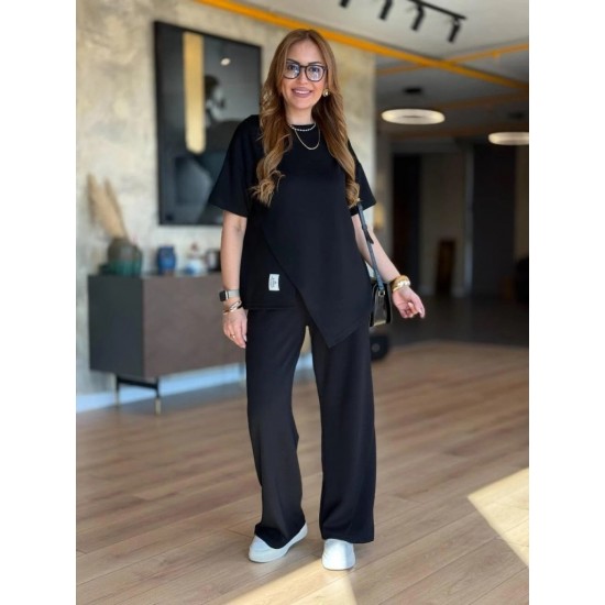 Kadın Kısa Kollu Bisiklet Yaka Asimetrik Viskon Iki Iplik Bluz Ve Pantolon Ikili Takım , 25376 Kadın Kısa Kollu Bisiklet Yaka Asimetrik Viskon Iki Iplik Bluz Ve Pantolon Ikili Takım , 25376