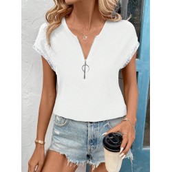 Kadın Kısa Kollu önden Fermuarlı Kol Ucu ışıltılı Viskon Bluz , 25395