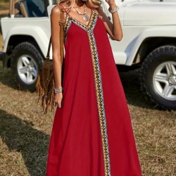 Kadın Askılı V Yakalı Etnik şerit Detaylı Uzun Viskon Elbise , 25410 Kadın Askılı V Yakalı Etnik şerit Detaylı Uzun Viskon Elbise , 25410