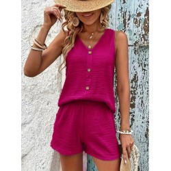 Kadın Askılı Kolsuz V Yakalı önden Düğmeli Bürümcük Bluz Ve Short Ikili Takım , 25418